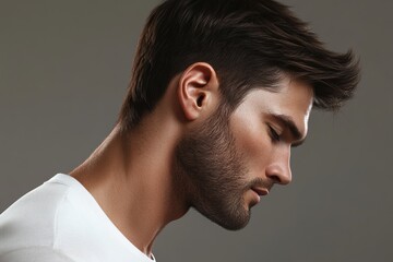 Obraz premium Stylish male model showcasing modern haircut with defined jawline and thoughtful expression in studio setting
