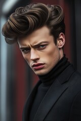 Stylish young man poses with slicked-back hair against an urban backdrop showcasing modern fashion trends and elegance