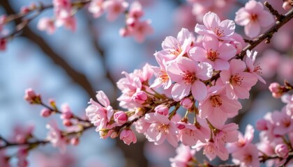 Obraz premium a symphony of cherry blossoms, their delicate petals unfurling like a soft pink brushstroke, against a serene backdrop, evokes the tranquil beauty of springtime