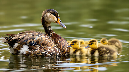 Fototapeta premium A duck swimming in the water with its ducklings closely following behind it now