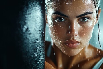 Intense boxer training in a rainy environment with droplets on skin and a focused expression