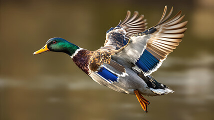Obraz premium A mallard duck in flight with wings spread against a blurred background outdoors