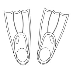 Coloring page summer outline drawing of swim fins or flippers. Diving and snorkeling equipment for underwater exploration. For entertaining, summertime, maritime, undersea, water activity, and sports.