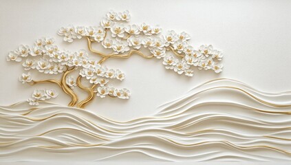 White floral tree embossed on a wavy background