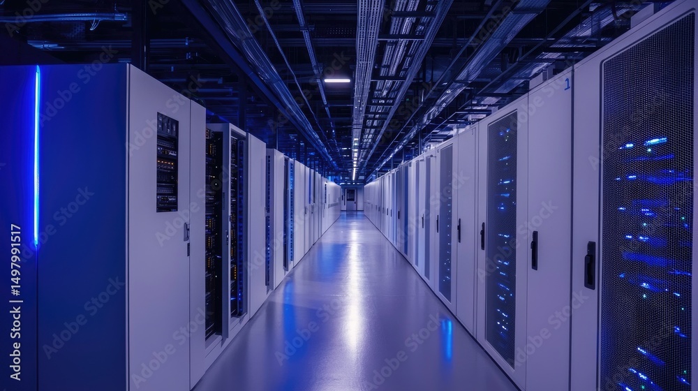 Poster Modern large data center interior with symmetric rows of white server racks, blue LED lights, and ceiling cable trays; ideal for tech blogs, AI, and cloud infrastructure themes
