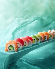 Colorful Sushi Rolls on Teal Plate.