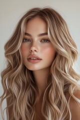 Naklejka premium Natural beauty portrait of a young woman with wavy blonde hair and striking features against a neutral background