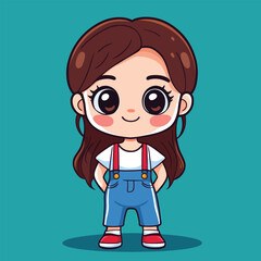 Cartoon girl with big eyes wearing overalls and red sneakers