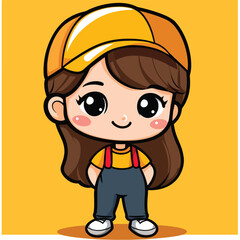 Cartoon girl with big eyes wearing a yellow cap and blue overalls