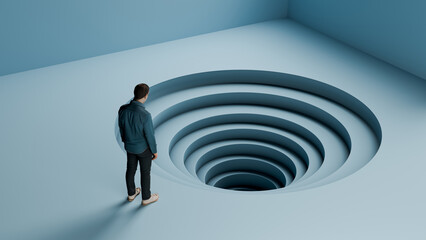 Man Standing Over Endless Downward Spiral - Concept of Debt, Despair, and Inescapable Cycles, 3D Render