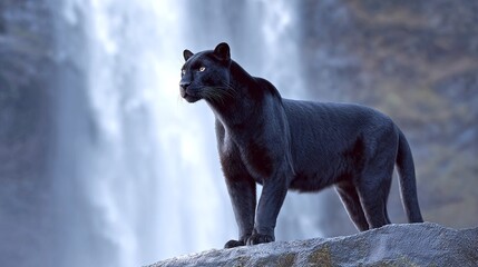 Fototapeta premium A majestic black panther stands confidently beside a stunning waterfall. The elegant form of the panther contrasts beautifully with the cascading water. A perfect blend of wildlife and nature. AI