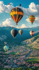 Fototapeta premium Hot air balloons float gracefully above a scenic valley town during a vibrant afternoon in Cappadocia