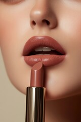 Obraz premium Close-up of smooth lips showcasing creamy nude lipstick application with a soft background highlighting a beauty routine