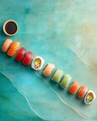 Colorful Sushi Platter with Teal Background.