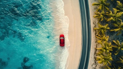 Red car on a beach road, ocean view