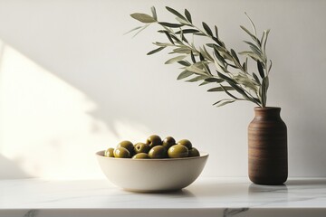 Bowls of green olives and a vase with olive branches on a marble countertop in soft natural light
