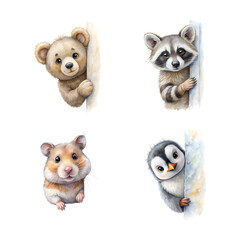 Watercolor illustration set of adorable cute baby animals peeking around a wall, watercolor illustration for kids' room and nursery decor on transparent background
