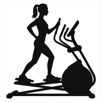 Vector Silhouette of a woman exercising on a cross-trainer/A black silhouette of a woman using a cross-trainer, conveying a sense of fitness and health.