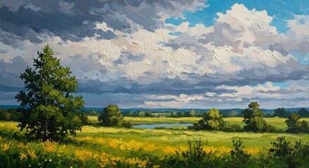 Fototapeta premium 夏の草原風景 緑豊かな木々と白い雲