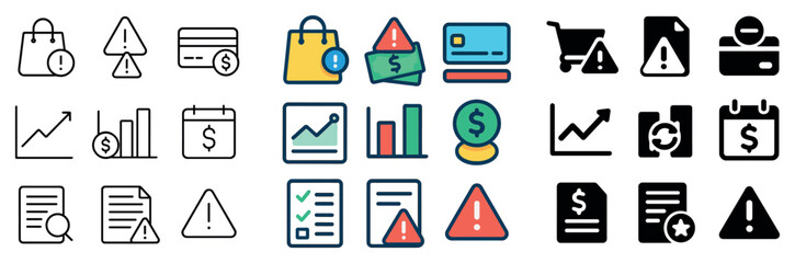 Obraz premium Finance and business icon collection: silhouette, linear, and flat style designs