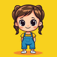 Cartoon girl with braided pigtails wearing blue overalls and a striped shirt