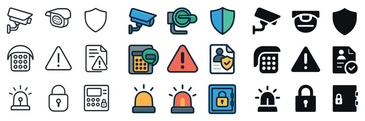 Security and surveillance icon collection: silhouette, linear, and flat styles set