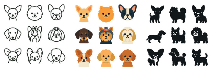 Obraz premium Dog breeds icon collection: silhouette, linear and flat styles. pet and animal graphics set