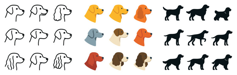 Dog breeds icon collection: linear, silhouette, flat styles. pets and animals graphic set