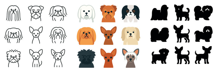 Obraz premium Dog breeds icon collection: silhouette, linear, and flat styles for pet lovers