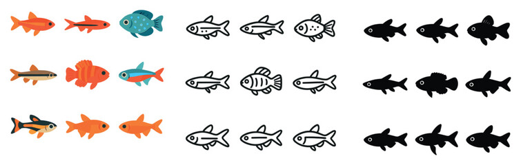 Fish and aquatic silhouette, linear and flat icons collection. marine and ocean set