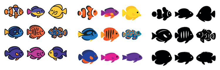 Naklejka premium Aquatic icons collection: silhouette, linear and flat styles. marine and ocean graphic set