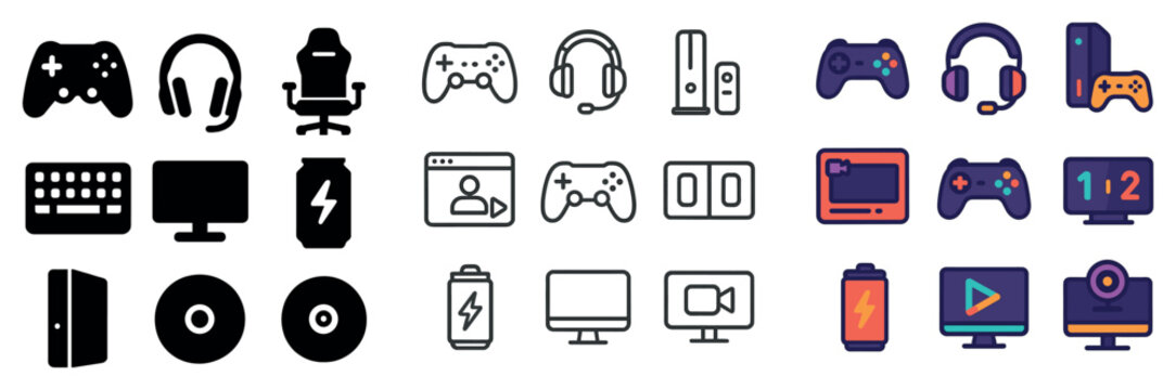 Gaming icon collection. Console and gamer gaming setup