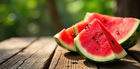 Sliced watermelon on a rustic wooden table, sun-drenched, juicy red flesh, seeds, summer vibes, perfect for refreshing summer drinks and snacks ,  thirst,  nature,  rustic