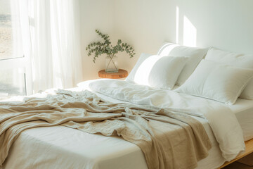 Photorealistic minimalist bedroom with white bed, beige throw, natural sunlight, wooden side table, and eucalyptus in glass vase

