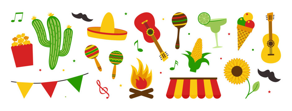 Festa Junina Brazil carnival, latin summer party icon, music june festive. Tradition farm symbol. Sunflower, straw hat, popcorn, ice cream, note, mustache isolated on white bg. Vector illustration