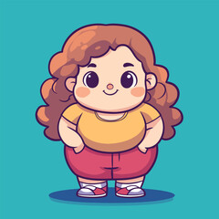 Cartoon girl with curly brown hair yellow shirt and red shorts