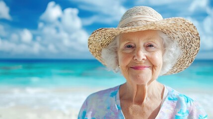 Happy Elderly Woman Smiling on a Tropical Beach Wearing Straw Hat