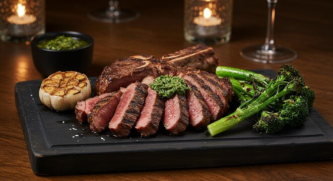 Sliced Steak with Vegetables on a Black Serving Board