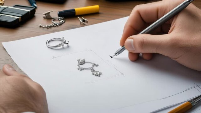 A person sketches a detailed jewelry design on paper with rings and drawing tools on a wooden desk.