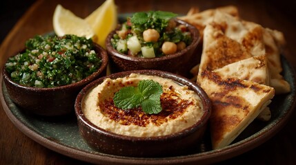 Lebanese mezze platter with hummus and tabbouleh.