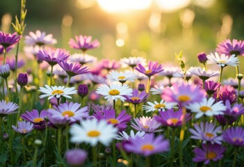 Fototapeta premium A vibrant field of daisies and purple flowers illuminated by sunlight
