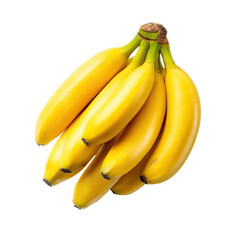 A bunch of ripe, yellow bananas, slightly curved, with green stems, presented against a black background.  They appear fresh and ready to eat