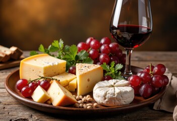 A cheese platter with red grapes, a glass of red wine, and assorted cheeses on a rustic wooden table