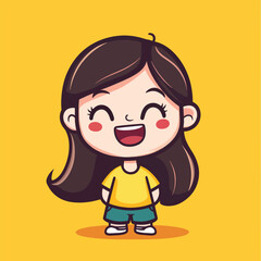 Cartoon girl with dark hair yellow shirt and teal shorts smiling happily
