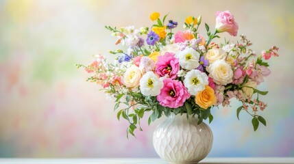Colorful flower arrangement in a white textured vase on a pastel background.