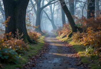 Fototapeta premium Serene forest path surrounded by autumn foliage and misty atmosphere