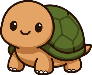 Happy green cartoon turtle with a big smile and a cute shell standing alone in a fun and cheerful style