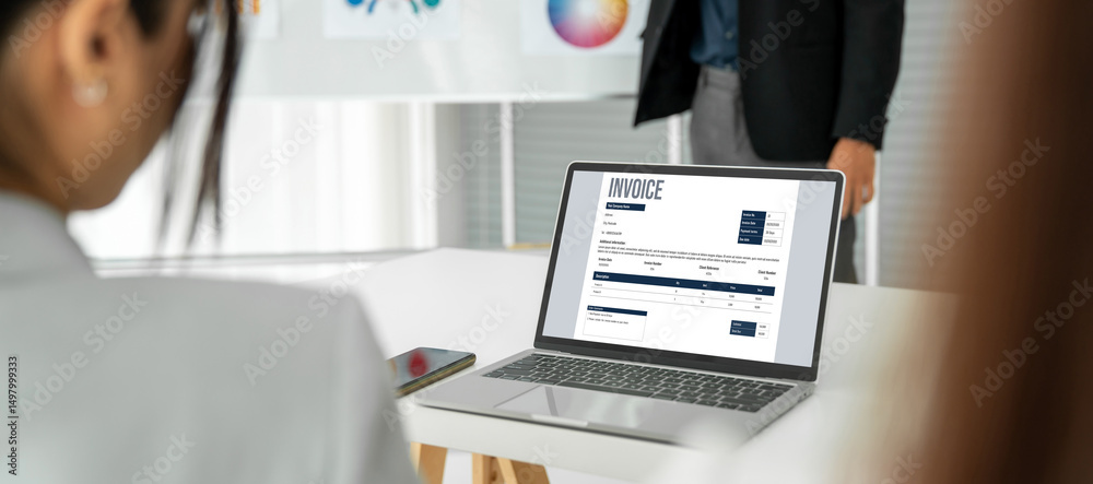 Poster invoice on computer screen from accounting application. computer program for financial and budget of