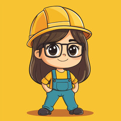Fototapeta premium Cartoon girl with hardhat overalls and glasses standing confidently
