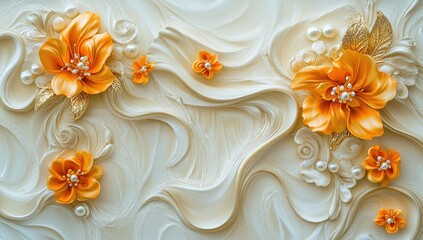 Ornate cream wall decor with orange blossoms and pearls